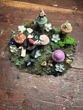 Handcrafted Woodland cow  Figurine Garden Art in Multicolor